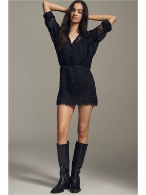 NEW Anthropologie Maeve Black Fringe Button Front Twofer Mini Shirt Dress MEDIUM